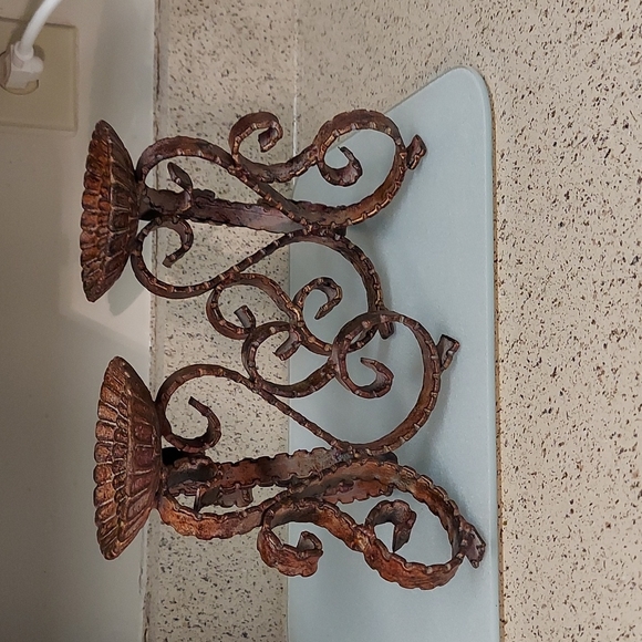 2 Pillar Candle Holder Architectural Scroll Brutalist Style Heavy Metal Sturdy - Picture 4 of 11